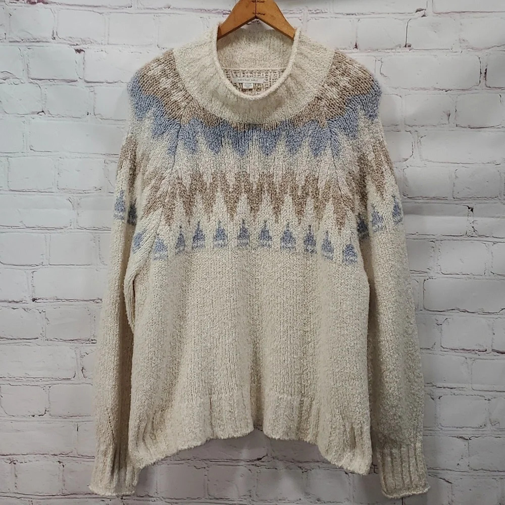 American Eagle Fairisle Cream Blue Mockneck Sweater Women's Size XLarge - Picture 2 of 11